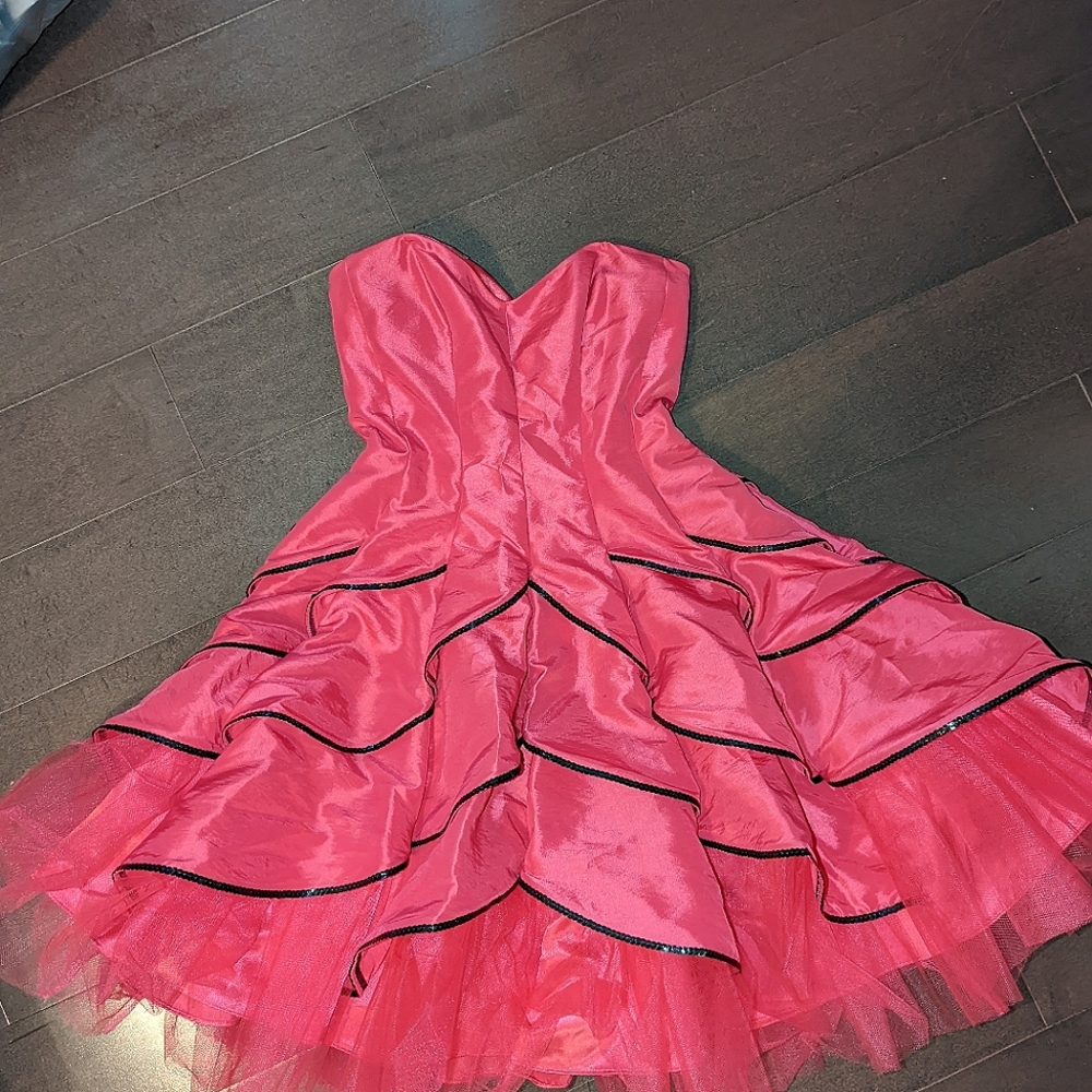 Vintage Betsy Johnson prom dress, bright pink with tulle and black sequin edging